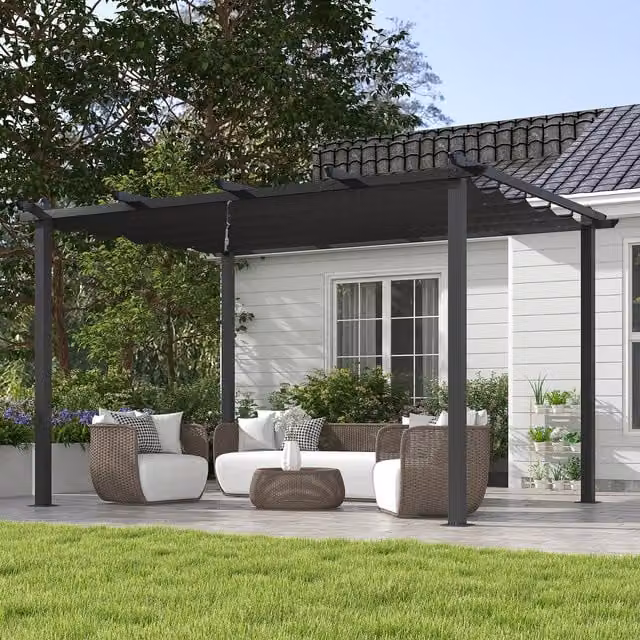 Outsunny Modern Aluminium Pergola with Retractable Roof in Anthracite Grey, W: 300 cm x D: 300 cm x H: 300 cm