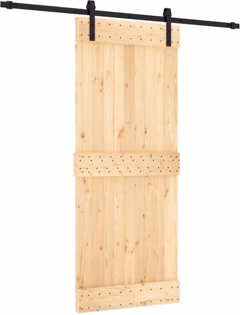 Berkfield Home Modern Sliding Door with Hardware Set, Solid Natural Wood and Steel, W: 85 cm, H: 210 cm