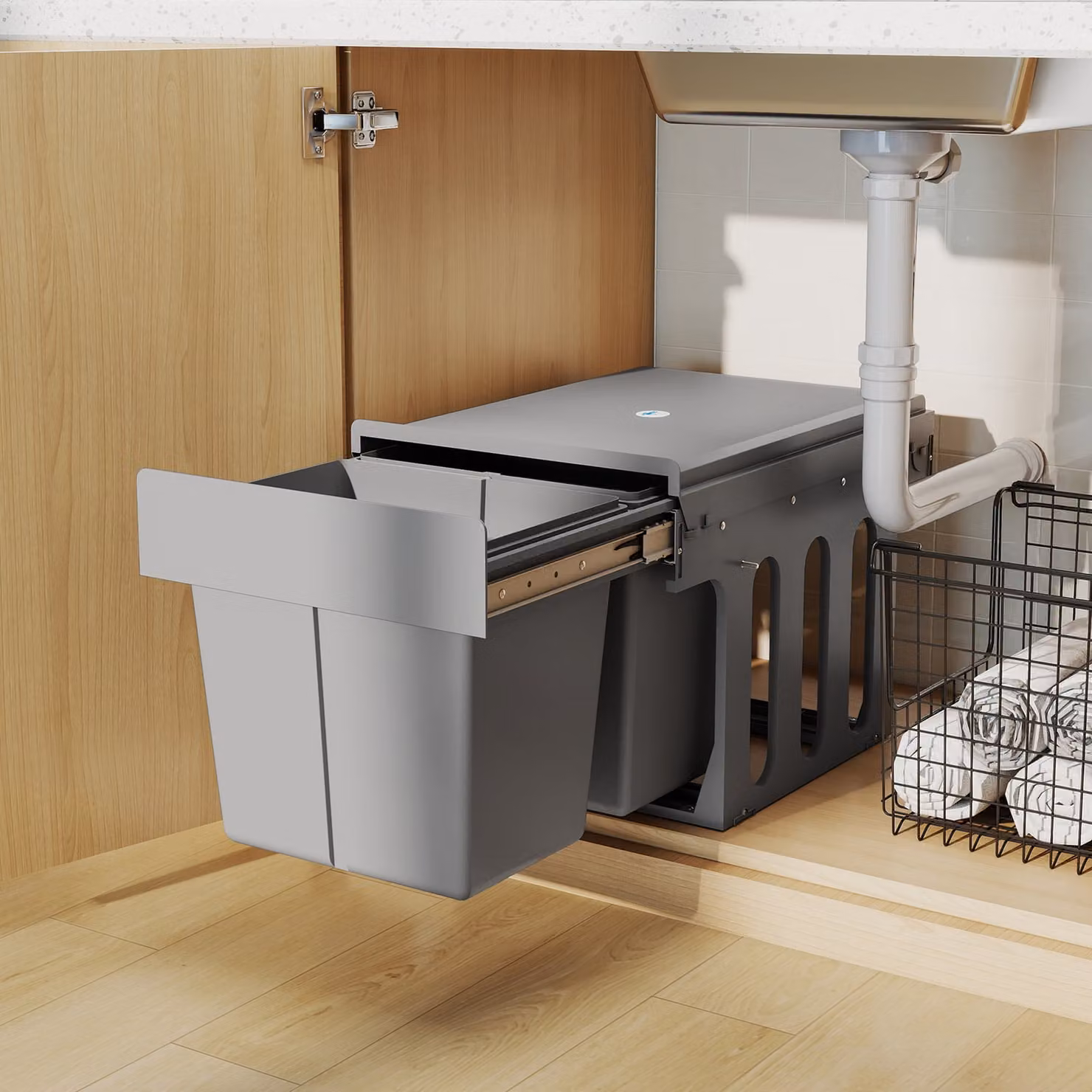 HOMCOM Pull Out Under Sink Bin with 2 Removable 15L Compartments and Soft Close Flip Lid, Light Grey – 5