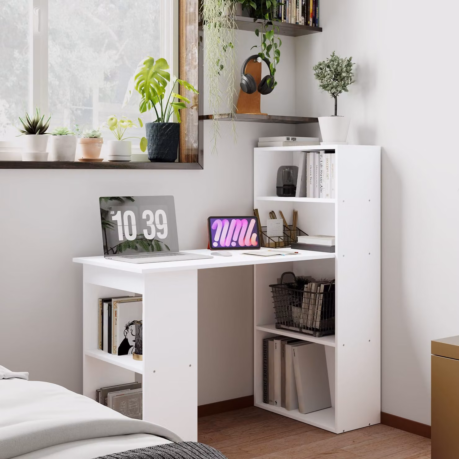 HOMCOM Modern Computer Desk and Bookshelf with 6 Shelves, White – 2