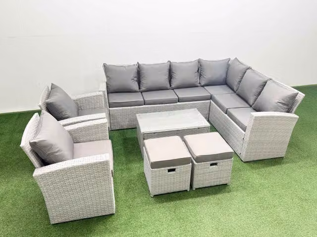 Fimous Garden 10 Seater Rattan Garden Sofa Set in Light Grey