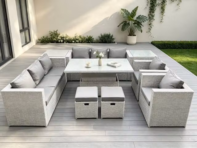 Fimous Rattan Garden Furniture Set in Grey with 3-Seater Sofa, Lounge Armchair, Coffee Table and Upholstered Cushions