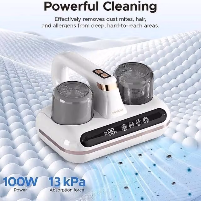 VOGREX White Handheld Ultrasonic Mite Remover Mattress Vacuum Cleaner with UV-C Light and Tapping Vibration – 1
