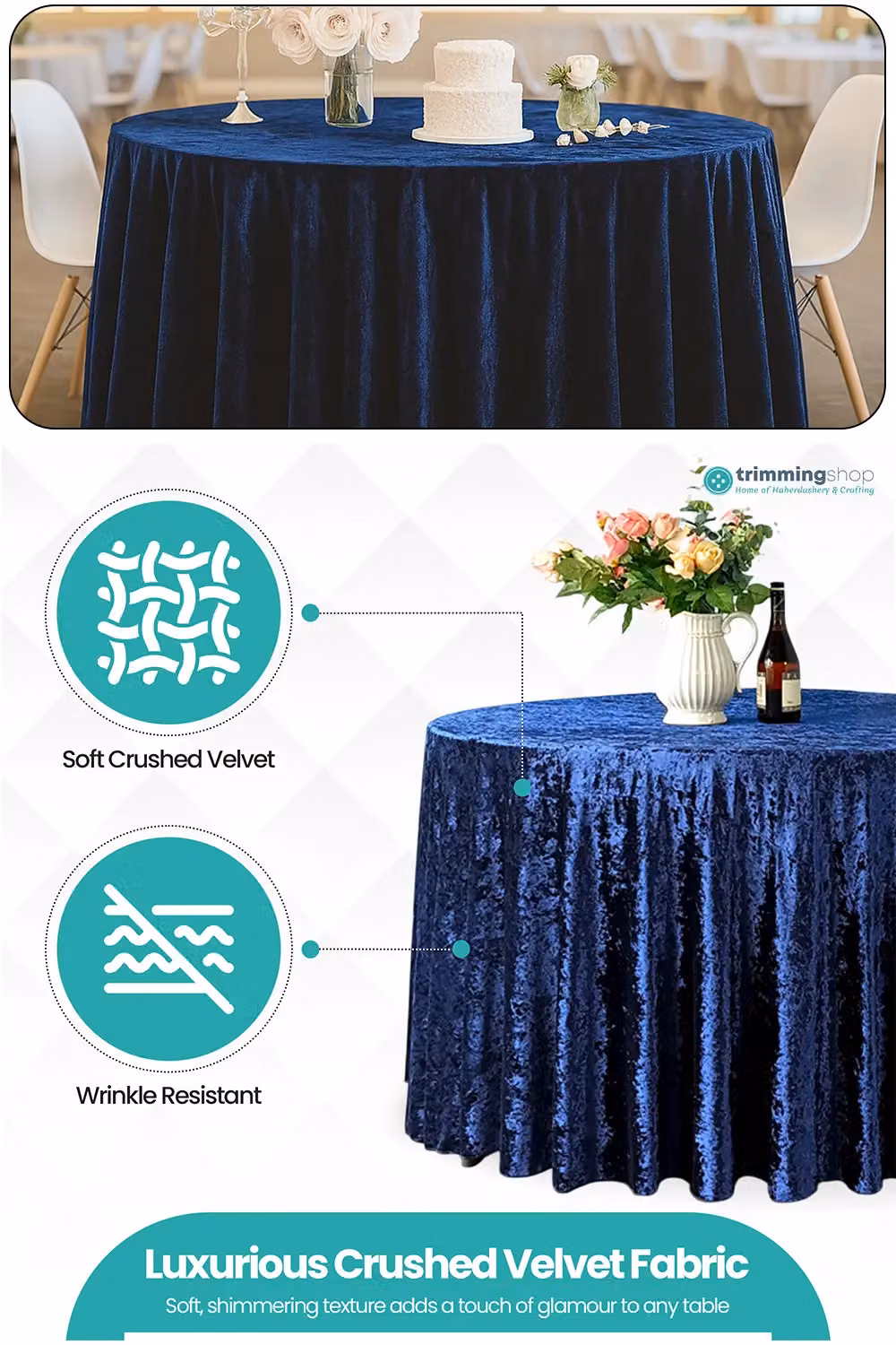 Neel Blue Diamond Velvet Round Tablecloth in Navy Blue, Diameter: 274.32 cm – 2