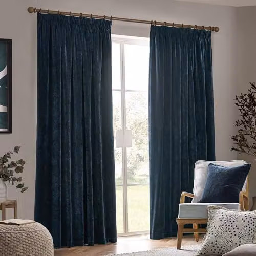 Riva Home Blue Chenille Velvet Pencil Pleat Curtains, W/H: 117 x 183 cm – 2