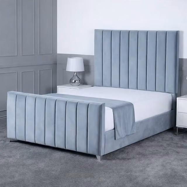 Living Comfort Bedz Empress Plush Velvet Upholstered Bed with Slatted Base and 48 Inch Headboard in Light Blue, Super King