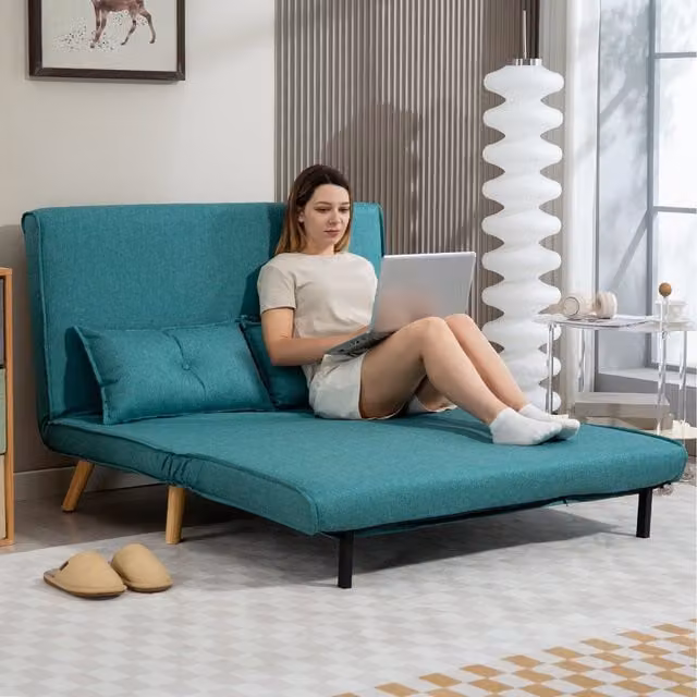 HOMCOM 2 Seater Click Clack Sofa Bed with Scatter Cushions, Green Fabric