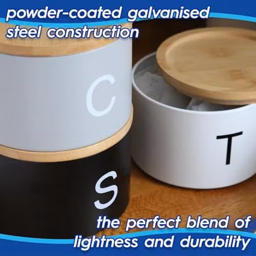 Harbour Housewares 3pc Stackable Airtight Tea, Coffee and Sugar Canister Set with Bamboo Lids - Black