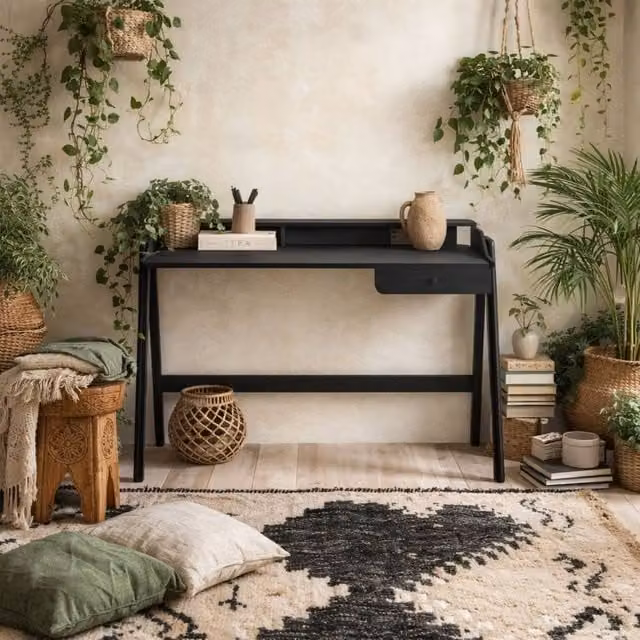 Wyld Haus Heppt Black Matt Ash Veneer Writing Desk with 1 Drawer