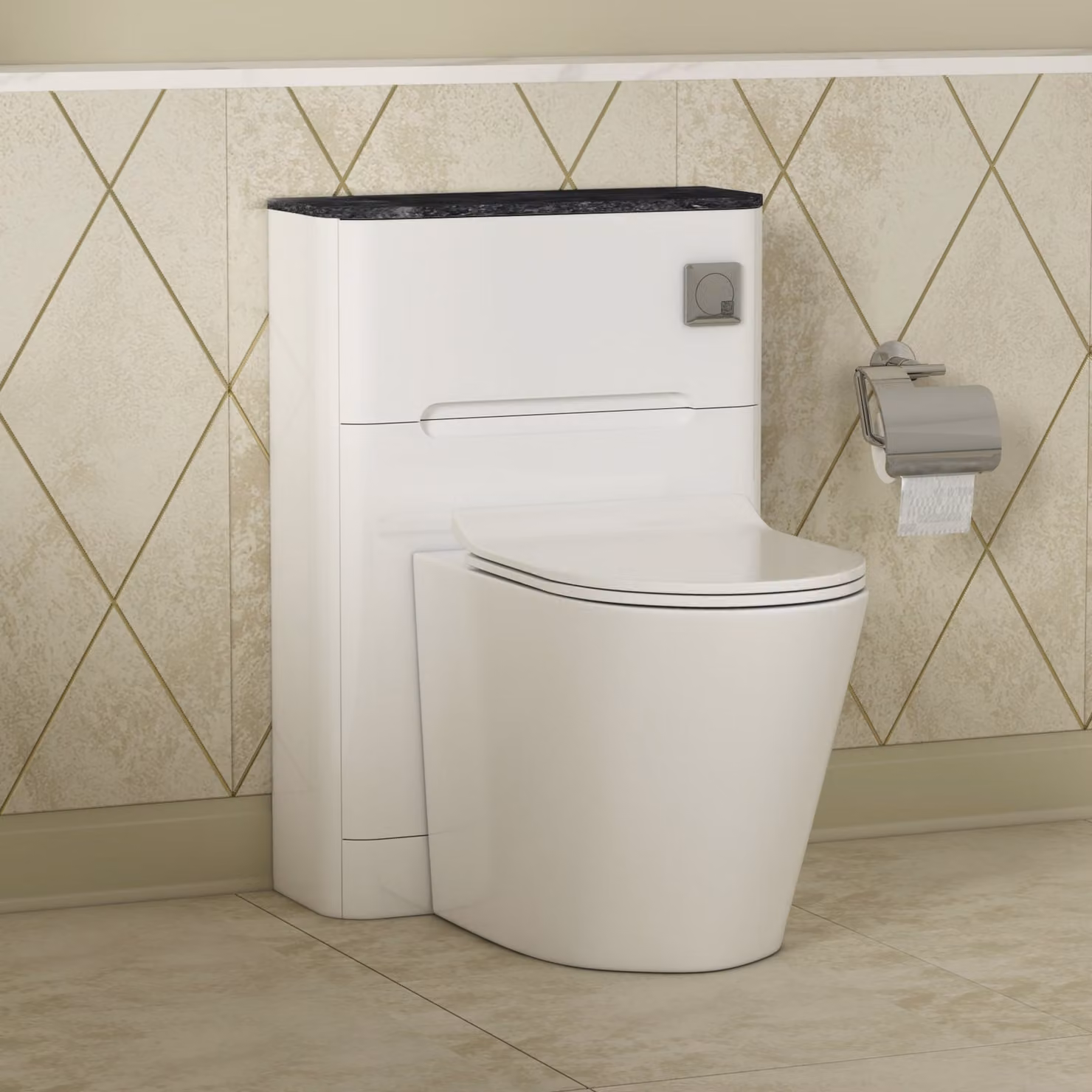 Royal Bathrooms Venice 550mm Gloss White BTW WC Unit with Cesar Rimless Ceramic Toilet Pack, Slim Soft Close Seat and Black Star Top