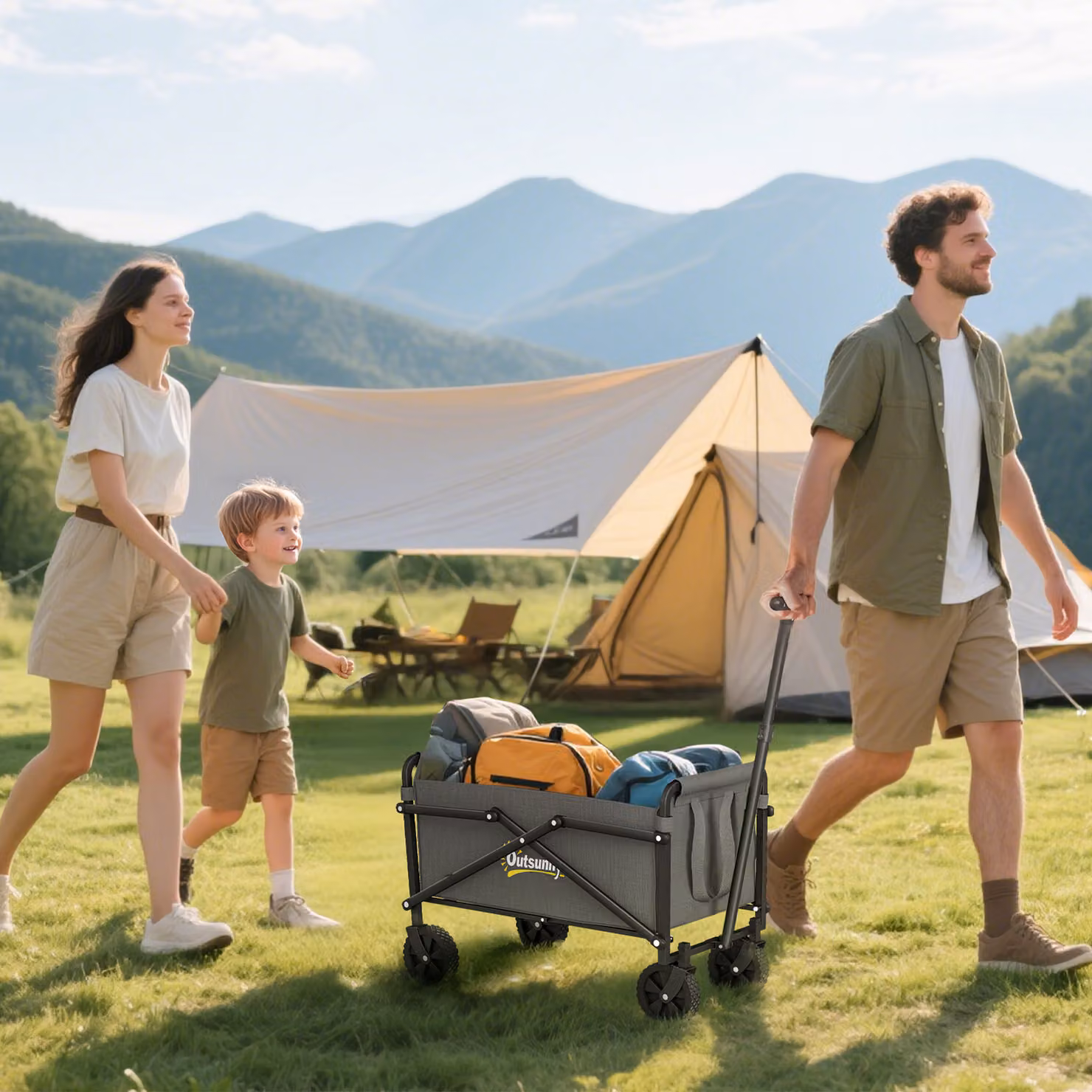 Outsunny 41L Festival Trolley on Wheels, Grey Heavy Duty Collapsible Folding Wagon with Adjustable Handle and Carrying Bag – 2