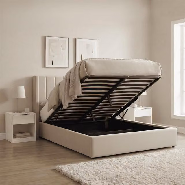 Home Source Alix Ottoman Storage Bed with Lift Up Base, Beige Velvet Fabric, W/D/H: 180 x 200 cm