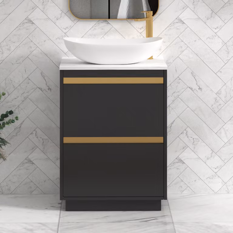 Royal Bathrooms Orion 600mm Matt Obsidian Black Floor Standing Countertop Vanity Unit with 2 Drawers, Cesar Basin and Brushed Brass Accent Trim