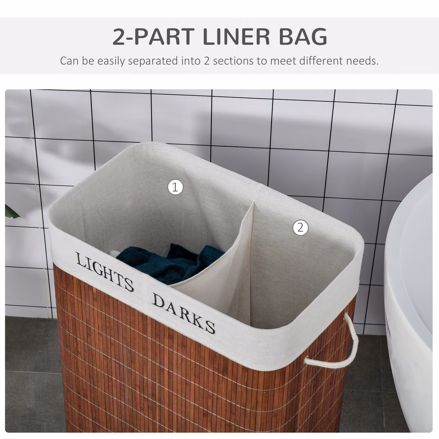 HOMCOM 100L Collapsible Dual Section Laundry Basket with Lid and Removable Liner in Brown – 4
