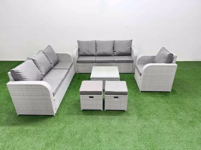 Fimous 9 Seater Poly Rattan Outdoor Garden Furniture Set in Light Grey with Coffee Table and Ottomans