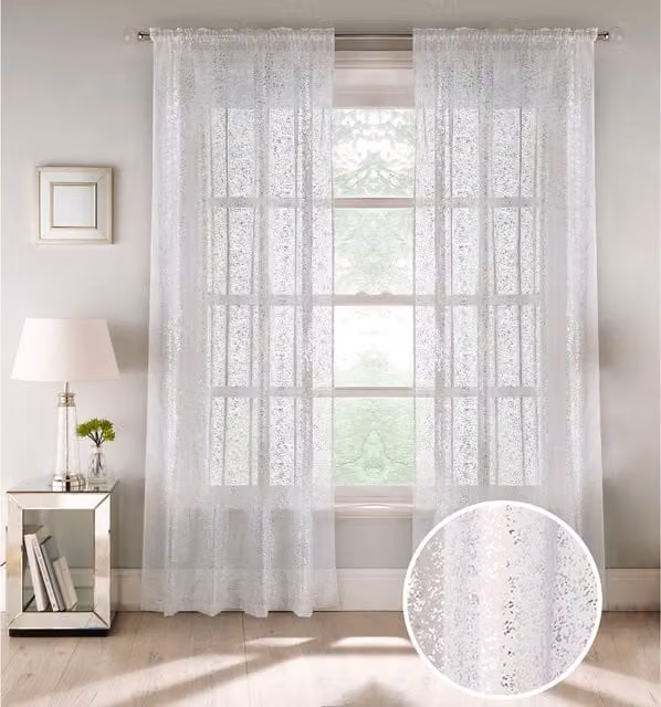 Tyrone Textiles Pair of White and Silver Sheer Voile Fabric Panels with Metallic Shimmer Print, Width: 122 cm