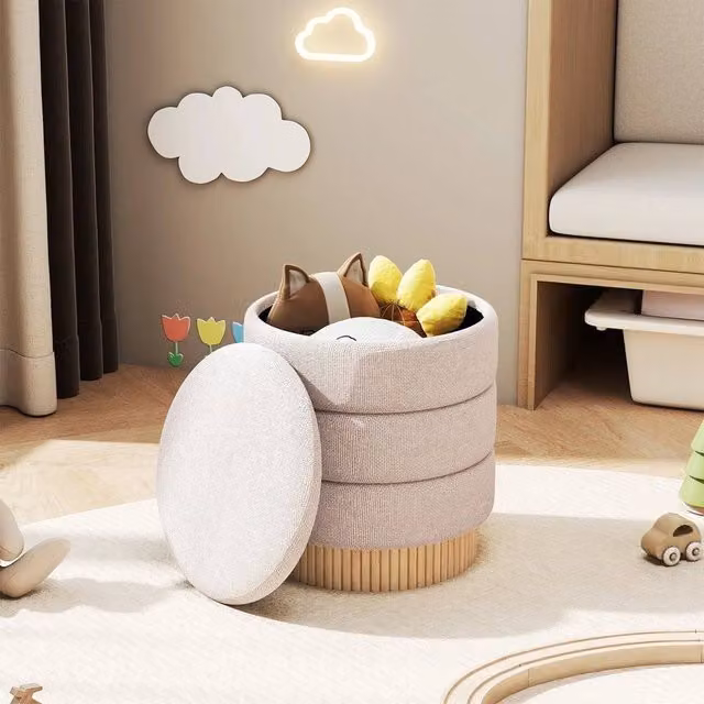 EONLION Modern Round Storage Ottoman in Beige with 35L Capacity, Diameter: 100 cm