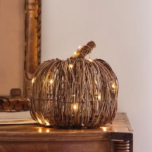 Lights4fun Set of 2 Pre-Lit Rattan Pumpkins in White and Brown for Indoor and Outdoor Decoration – 3