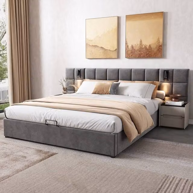 BTM Grey Velvet Double Bed with Hydraulic Storage, USB Charging Port and Integrated Reading Light – 1