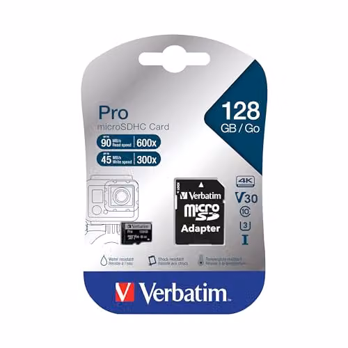 Verbatim Micro SDXC Class 10 Pro UHS-3 Memory Card, 128GB, Black
