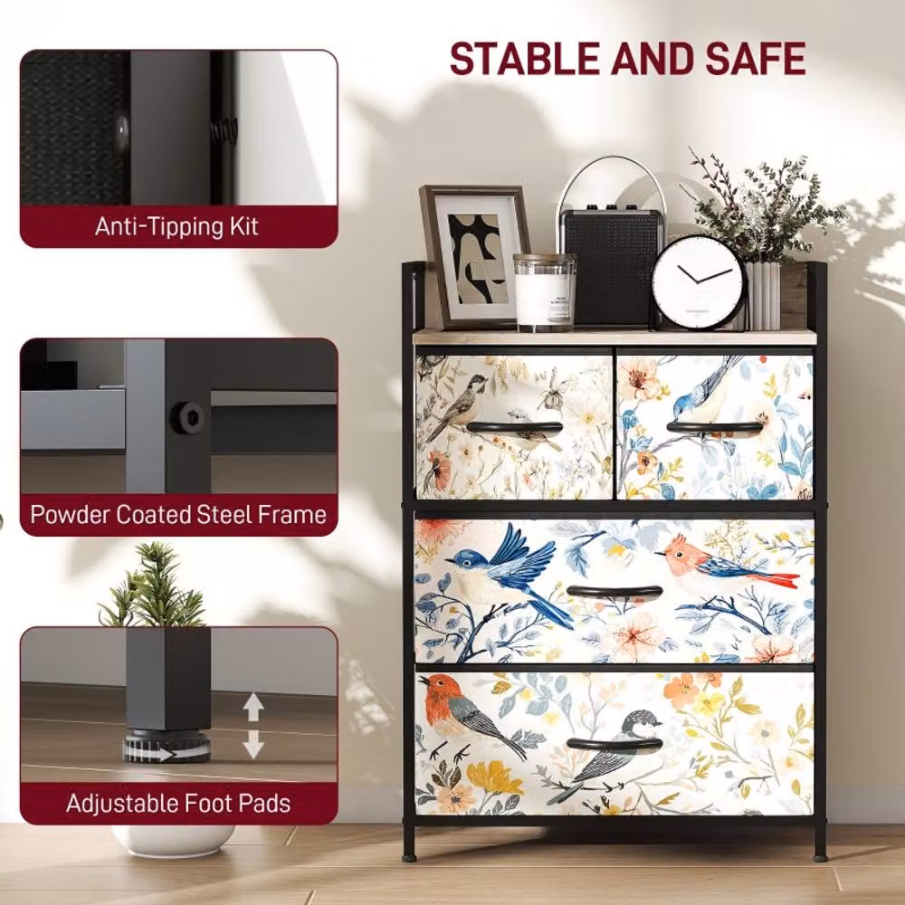 STILVORA 4 Drawer Chest of Drawers with Wooden Structure in White and Multicolour Floral Design – 8
