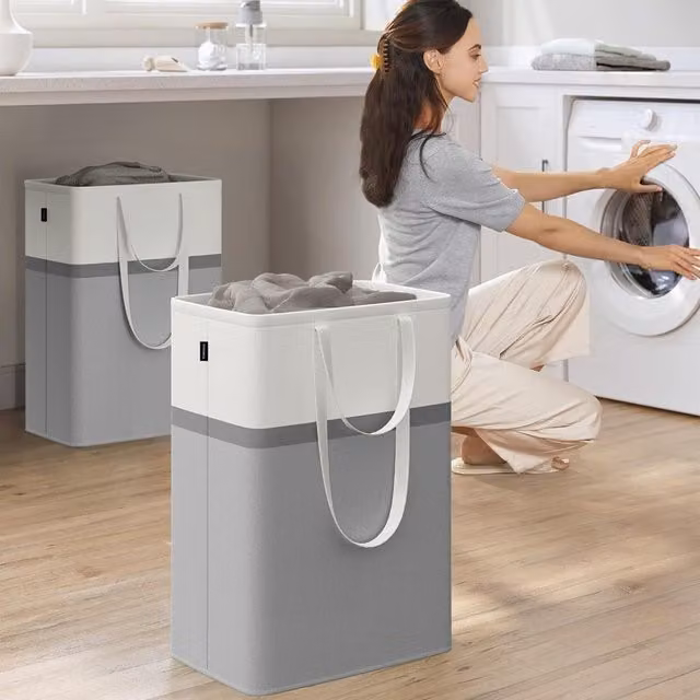 The Bazaarist Set of 2 Collapsible Fabric Laundry Hampers with Handles, Grey, W/D/H: 40 x 30 x 20 cm and 65 x 40 x 30 cm