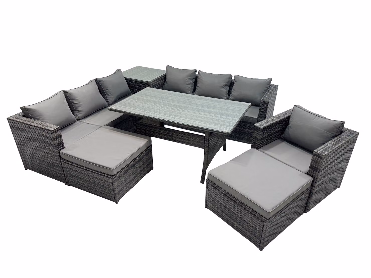 Fimous 9 Seater Garden Rattan Furniture Set in Dark Grey with Side Table and 2 Large Stools – 2