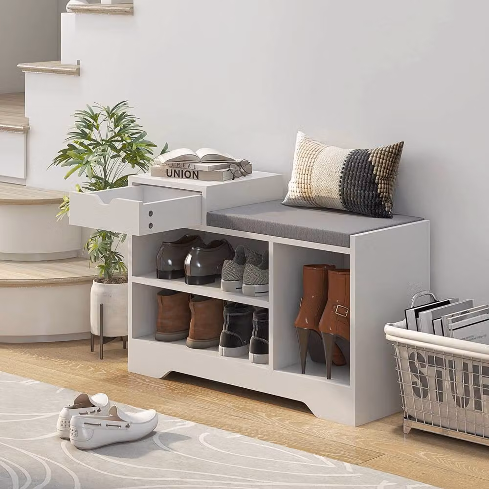ERGOVEXA White Shoe Storage Bench with Padded Fabric Seat and Drawer – 4