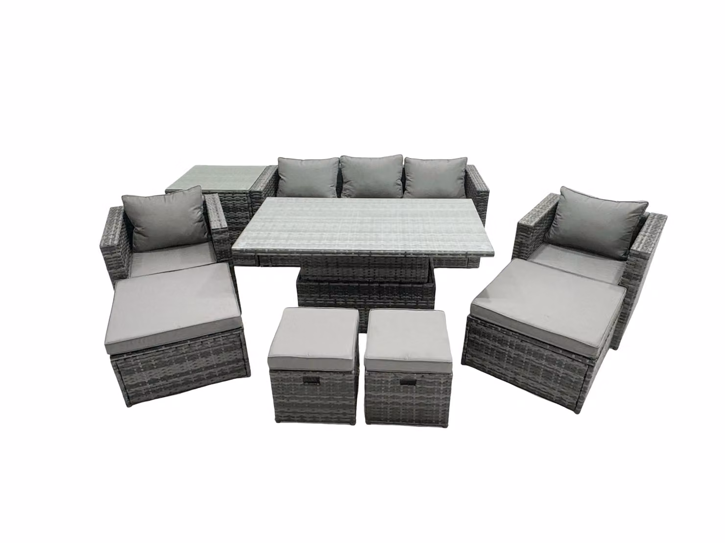 Fimous Rattan Lounge Sofa, Rising Dining Table, Side Table and 4 Footstool Set in Dark Grey – 2
