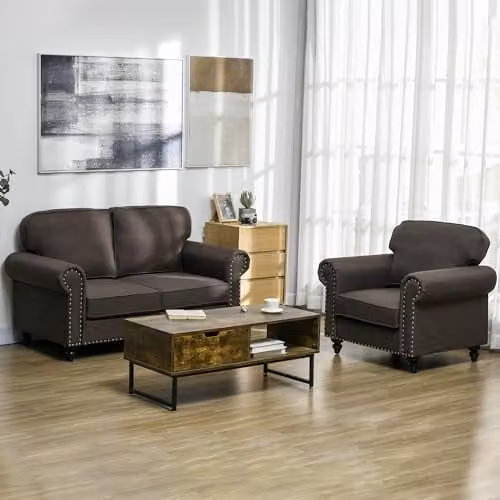 HOMCOM 2 Seater Fabric Sofa with Nailhead Trim and Rolled Arms in Dark Brown – 4