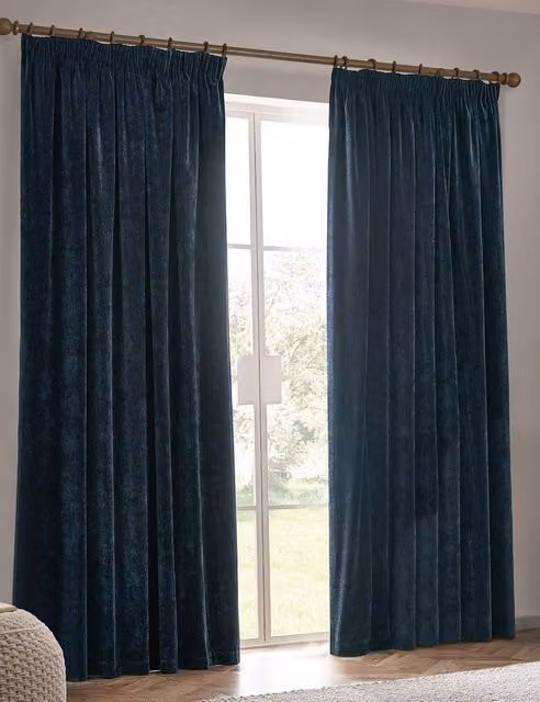 YARD Navy Blue Chenille Blackout Pencil Pleat Curtains