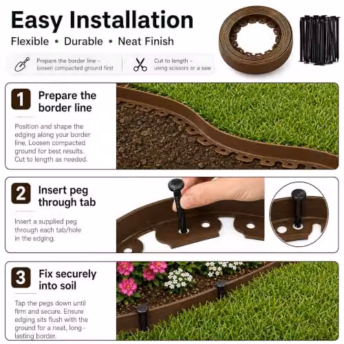 SolaDirect Brown Flexible Plastic Lawn Edging Border for Ornamental Gardens, Height: 3.8 cm, Length: 10 m – 3