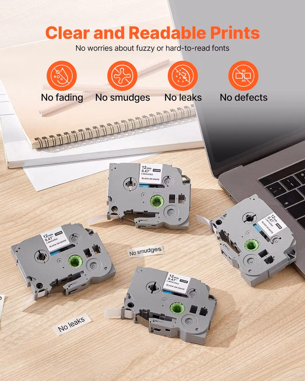 VEVOR 4 Pack Durable Label Maker Tape, Black on White, 0.47 Inch, Grey – 2