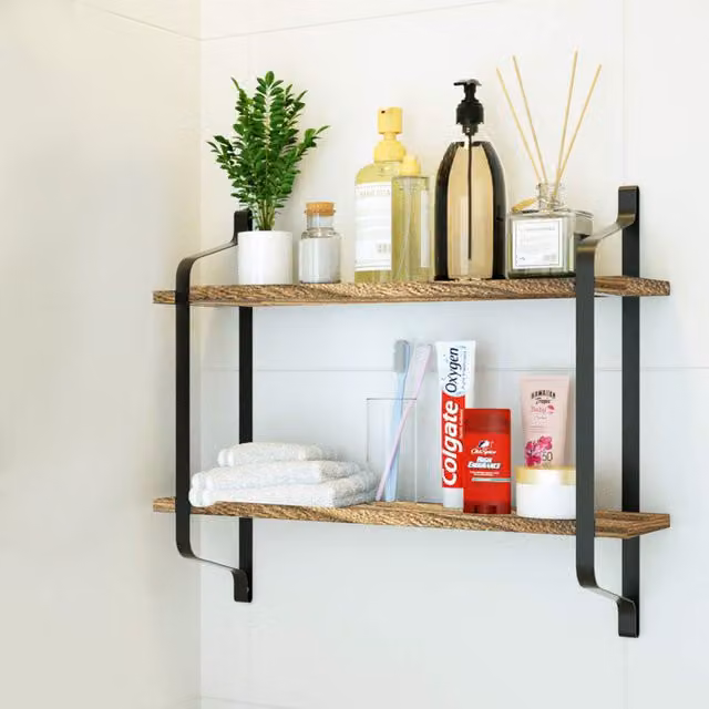 Livingandhome 2-Layer Rustic Brown Floating Wooden Wall Mounted Shelf Organizer