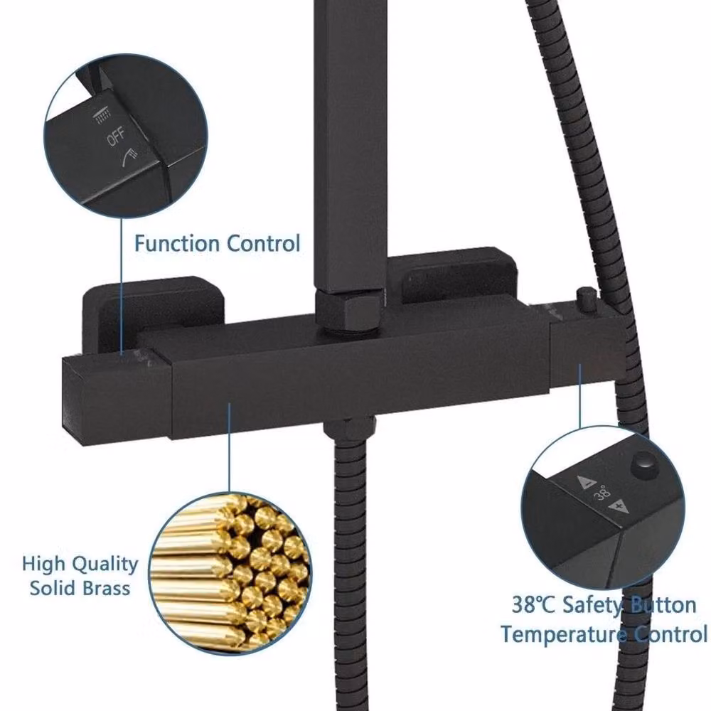 Kelvenix Thermostatic Dual Head Bathroom Shower Mixer Set in Matt Black – 4