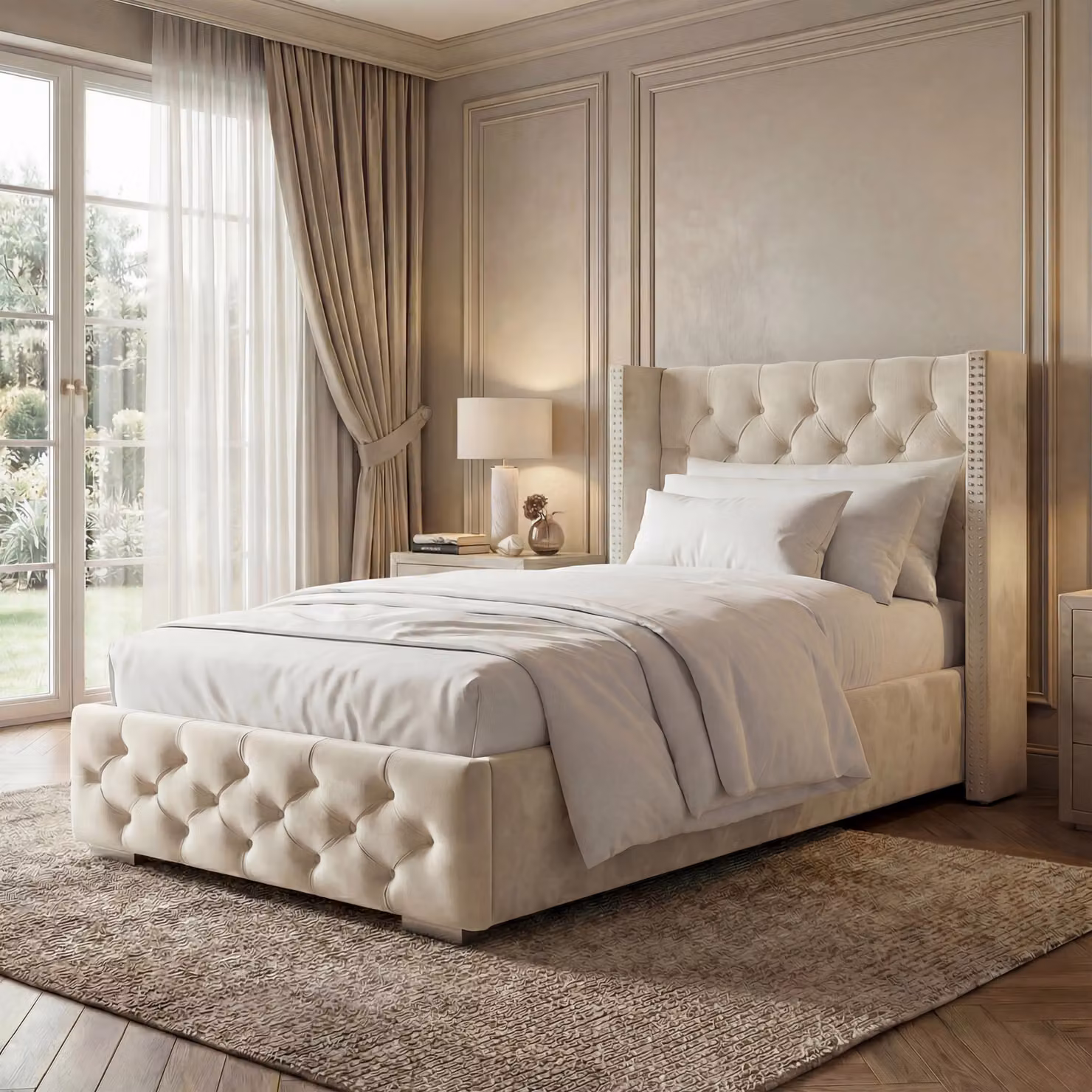 DHS Cross Pattern Velvet Winged Ottoman Storage Bed in Beige, Single (90 x 190 cm)
