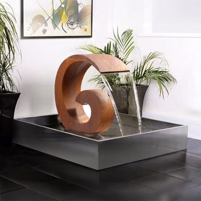 Primrose Sentosa Square Corten Steel Cascade Water Feature with Stainless Steel Reservoir in Brown and Silver