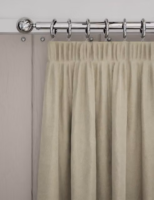 M&S Beige Velvet Opaque Thermal Insulating Pencil Pleat Curtains H: 218 cm, W: 137 cm