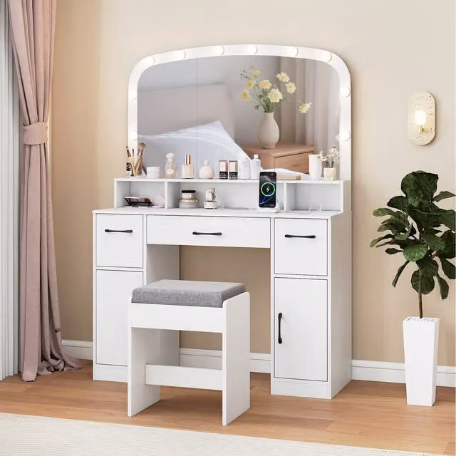 Costway Modern White Hollywood LED Dressing Table with Stool