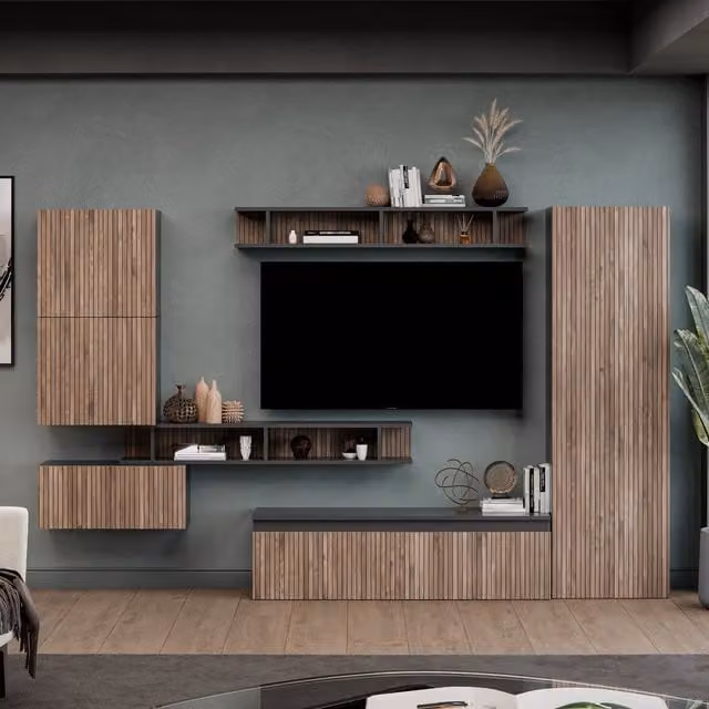 Decorotika Vigo Wall Mounted Entertainment Center in Black and Brown with Alina Pattern