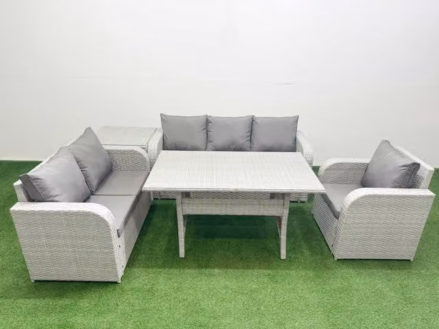 Fimous Grey PE Wicker 6 Seater Outdoor Rattan Furniture Set with Rectangular Dining Table, Reclining Chair, Loveseat, 3 Seater Sofa and Side Table