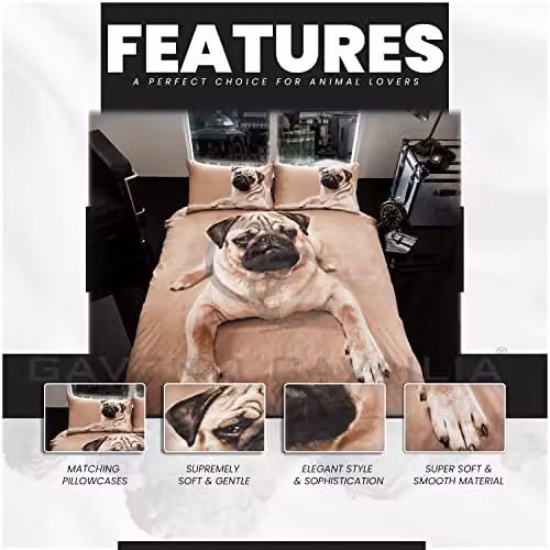 Gaveno Cavailia Wildlife 3D Pug Dog Bed Set with Duvet Cover and Pillowcase, Multicolour, W: 140 cm, L: 200 cm – 2