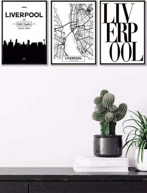 ARTZE Liverpool Skyline Street Map City Print Framed Wall Art, Black, W: 45 cm, H: 62 cm, D: 2 cm