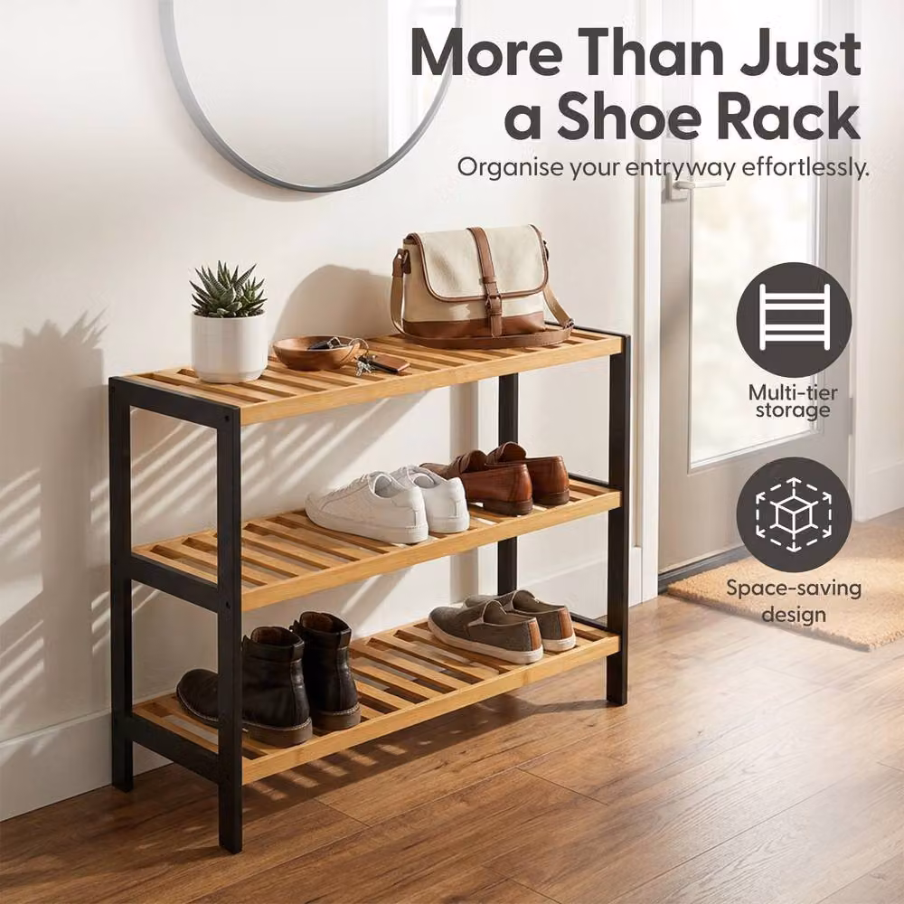 Keplin 3-Tier Bamboo Shoe Rack in Natural Wood for Hallway Storage, W/D/H: 70.0 x 55.0 x 55.0 cm – 3