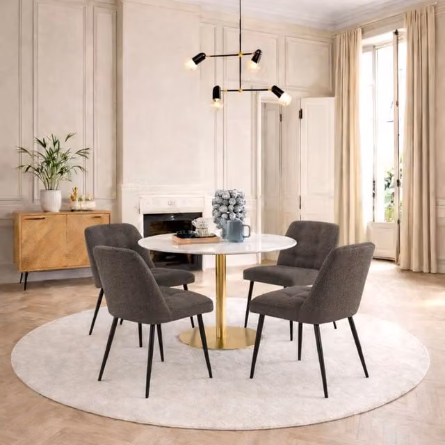 Furniture To Go Corby Round White Marble Dining Table with Gold Base and 4 Brooke Taupe Chairs