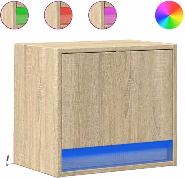 Berkfield Home Set of 2 Wall-mounted Bedside Cabinets with Integrated LED Lights in Sonoma Oak Light Tan