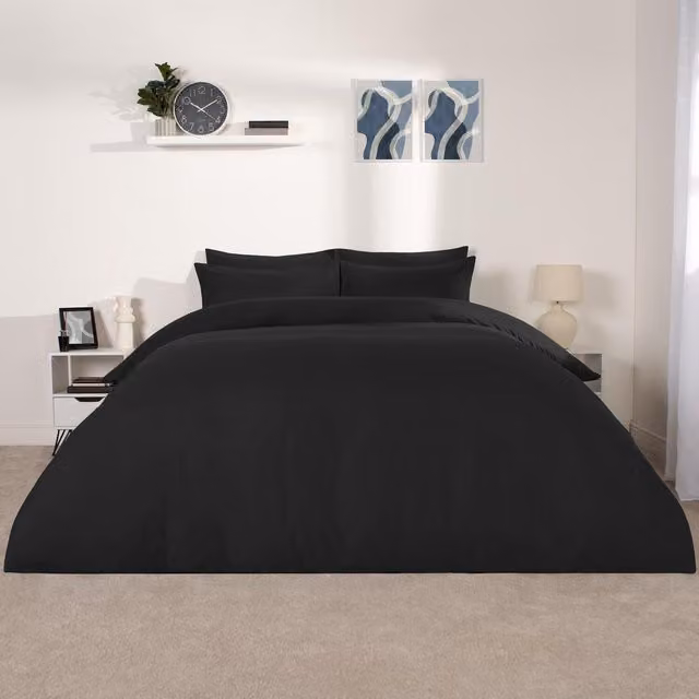 Brentfords Reversible Plain Microfibre Bedding Set with Pillowcase, Grey and Black, W: 140 cm x L: 200 cm