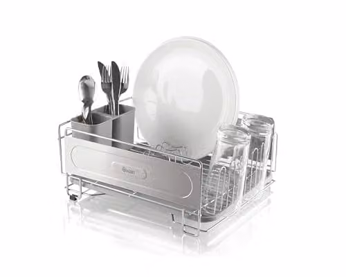 Swan Silver Metal Dish Rack with Drip Tray, Cutlery Holder and Cup Holder, W/D/H: 43.5 x 29.5 x 15.5 cm