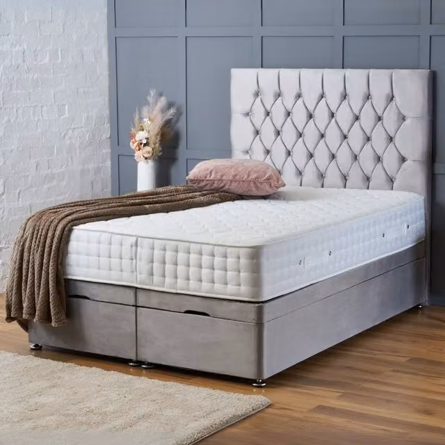 BSSPOKE Mia Small Double Ottoman Divan Bed with 54 inch Headboard and Mattress in Silver Plush Velvet