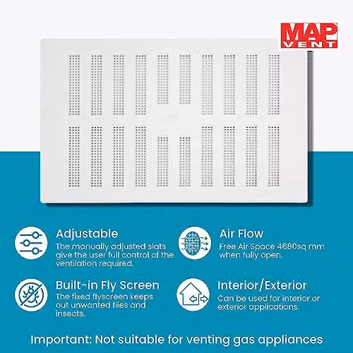 Map White Adjustable Air Vent Grille with Flyscreen Cover, W: 22.9 cm, H: 15.2 cm – 2